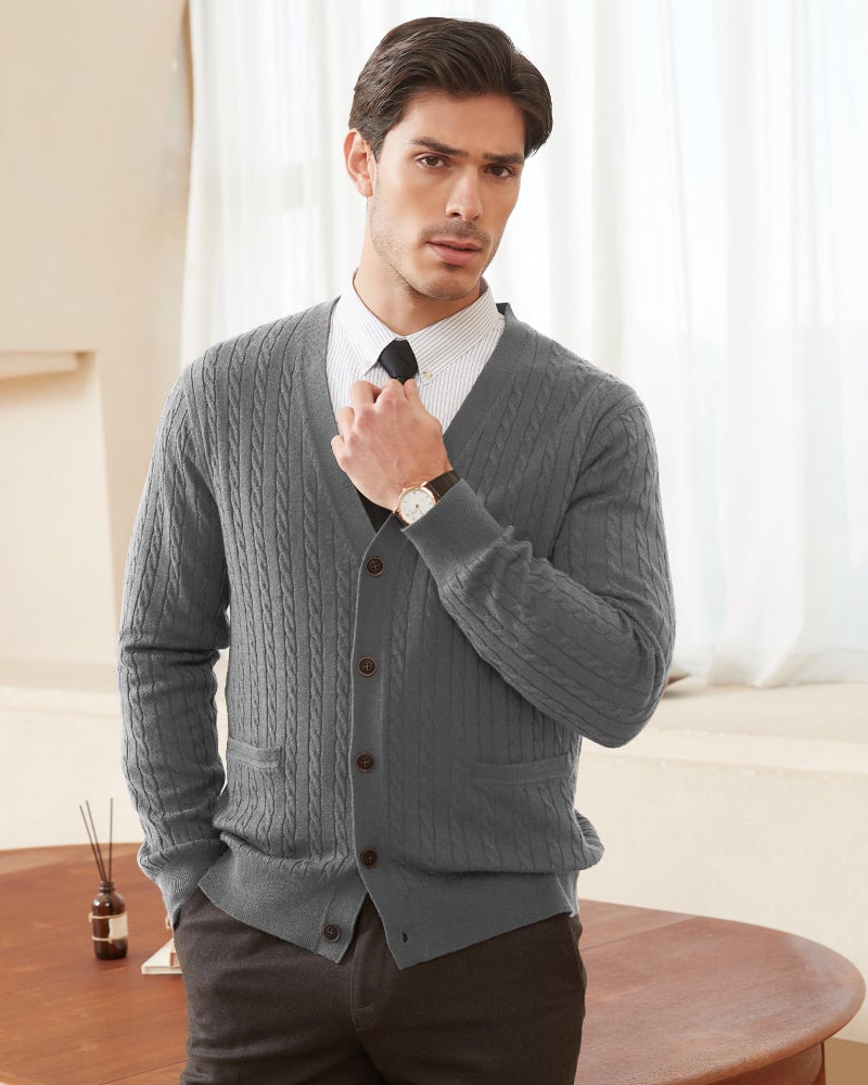 Kallspin Men's Cardigan Sweater Wool Blend Cable Knit V Neck Buttons Cardigan with Pockets(Light Grey, Large) - Image 2